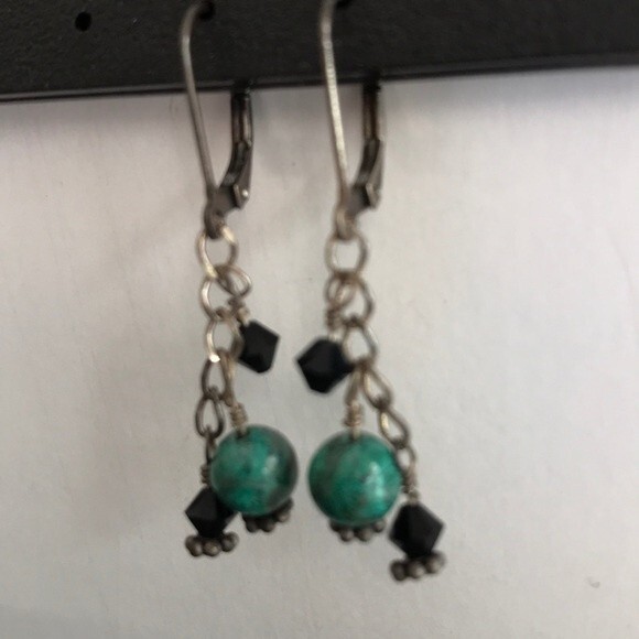 Vintage Handmade Chrysocolla Gemstone Sterling Silver Swarovski Lever Earrings - Picture 6 of 6